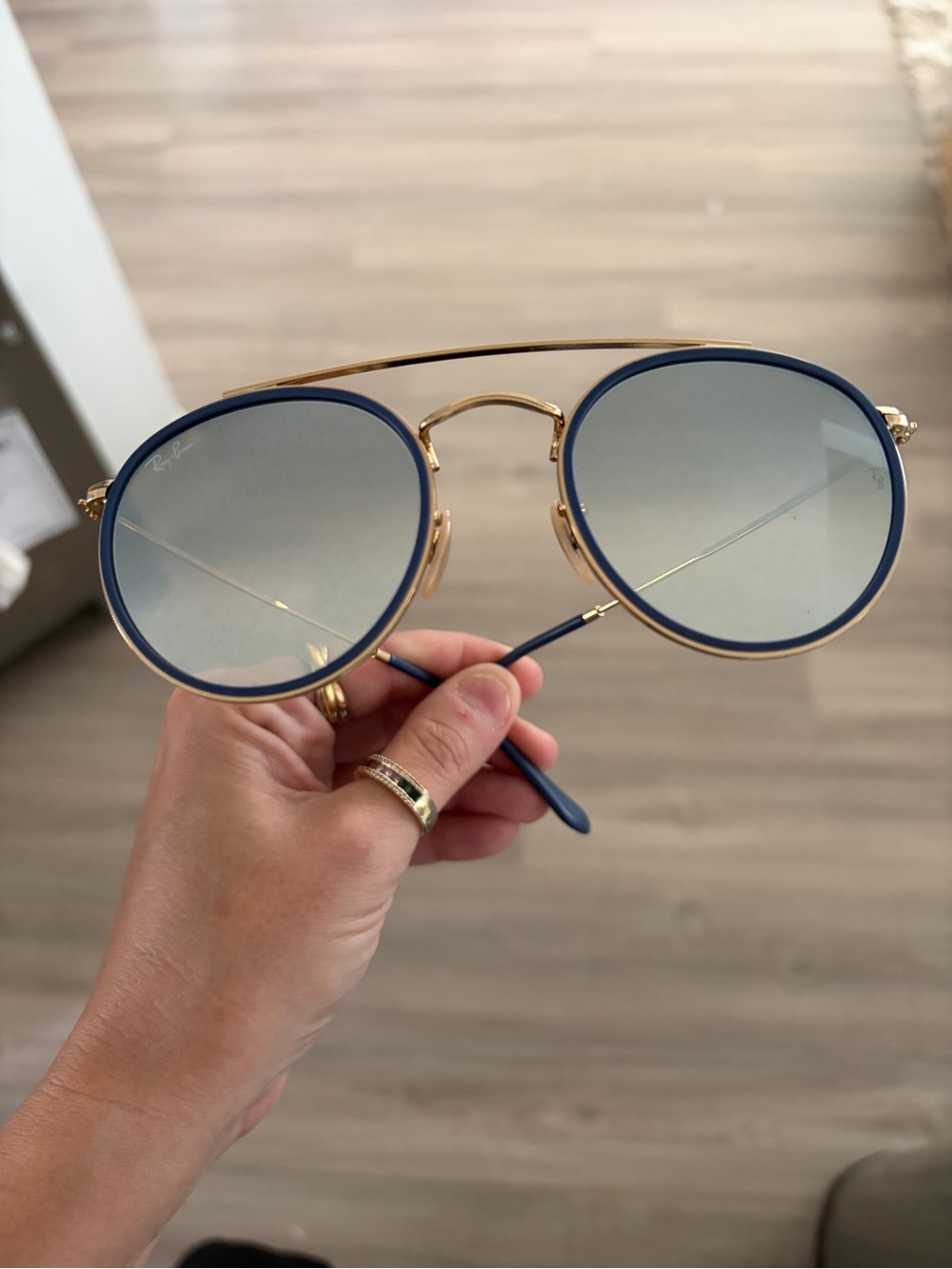 Ray-Ban Gold Frame with Blue Trim Round Aviator Sunglasses